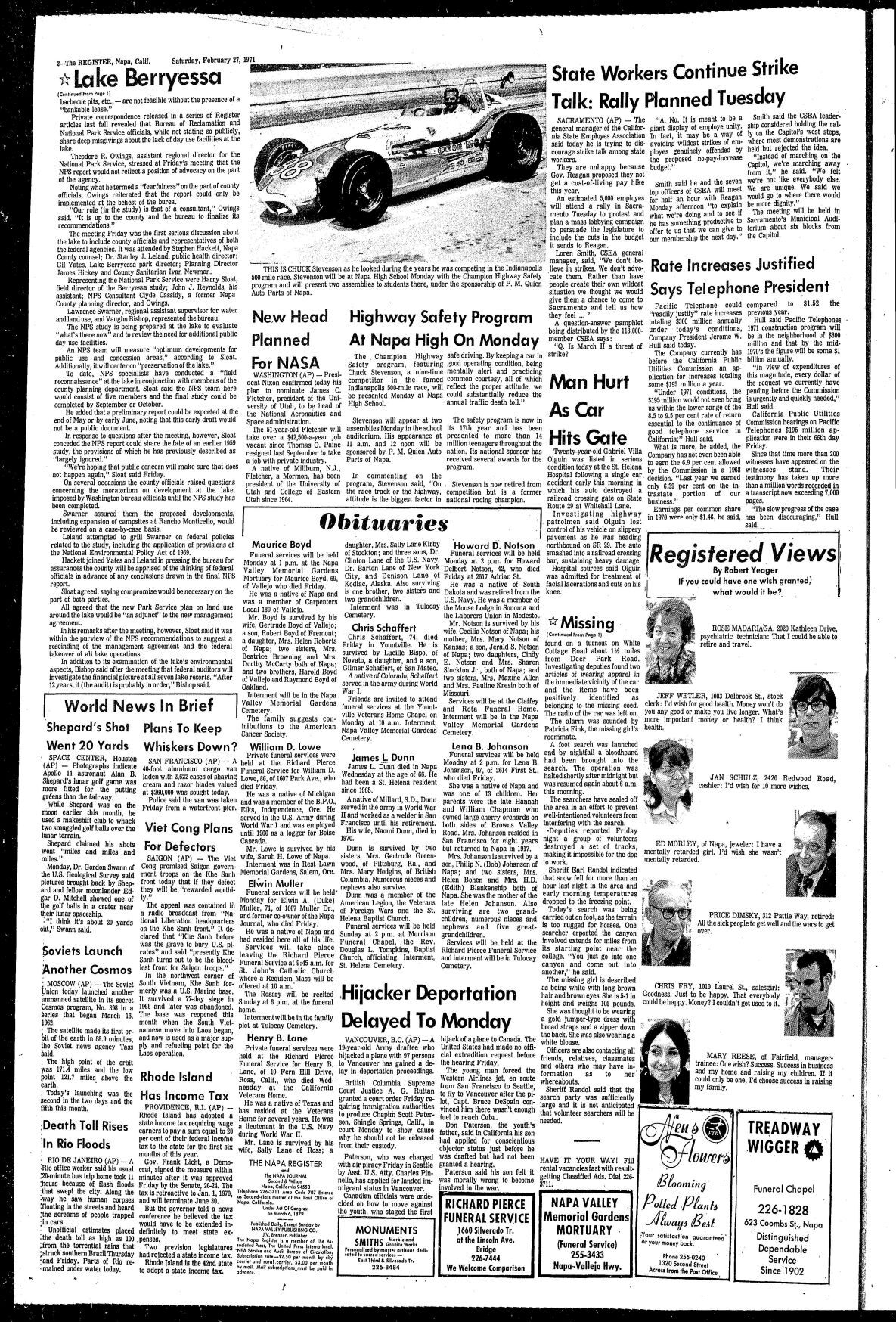 Willie the Woodcutter murder and Napa Register coverage: 02/27/71 page 2a